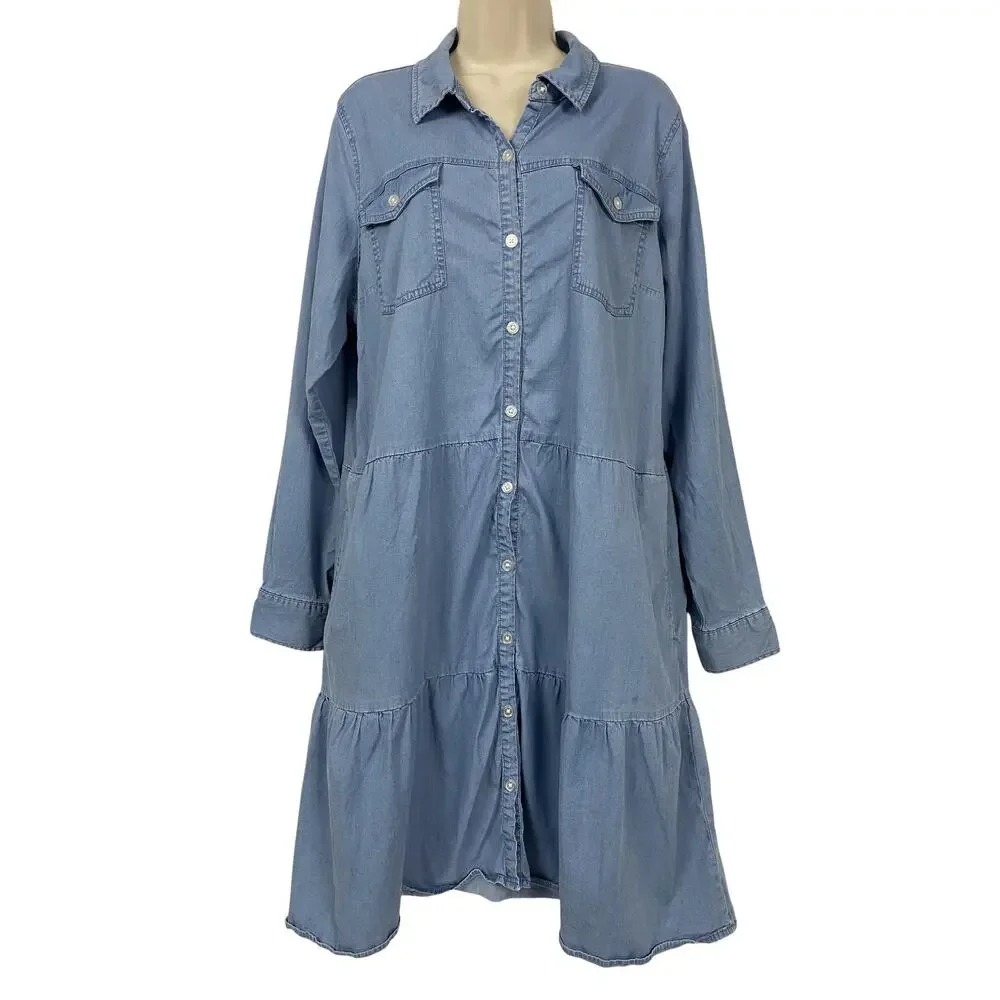 Belle BOHO Kim Gravel Chambray Dress Large Blue Denim Tiered Pockets Ruffle - Picture 1 of 13